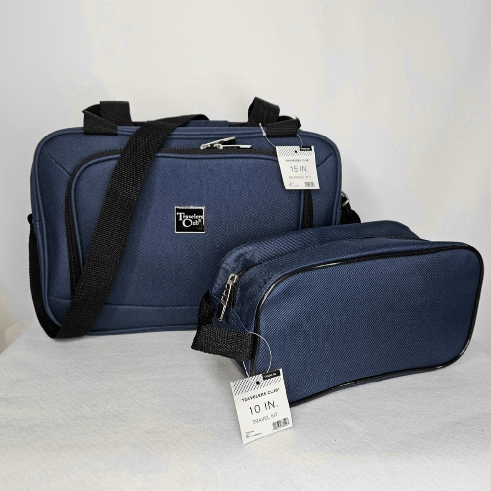 Travelers Club 14x10x6" NWT Carry On Dopp Kit Bag 2Pc Set Navy Blue Travel Nylon